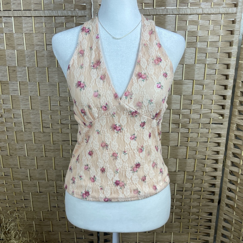 Floral Lace Halter Tank Top in Peach and Pink